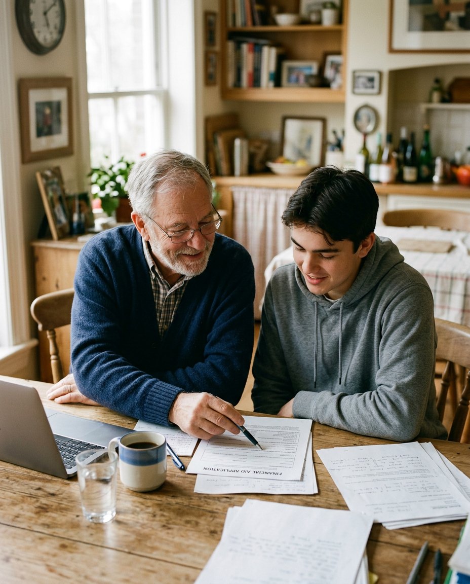 An older man and a young adult sit side by side at a kitchen table, looking over paperwork together as the older man points to a line with his pen.